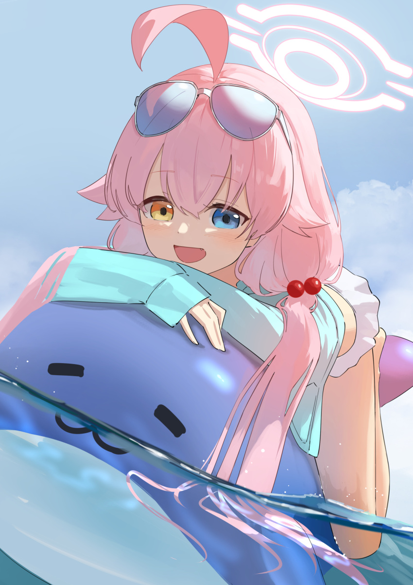 1girl absurdres bikini blue-tinted_eyewear blue_archive blue_eyes blue_sky blush cloud eyewear_on_head fang frilled_bikini frills hair_between_eyes hair_ornament halo heterochromia highres hoshino_(blue_archive) hoshino_(swimsuit)_(blue_archive) inflatable_toy inflatable_whale long_hair long_sleeves looking_at_viewer open_mouth pink_hair pink_halo sky smile solo stuffed_whale sunglasses swimsuit takkun0926 tinted_eyewear twintails water white-framed_eyewear white_bikini yellow_eyes