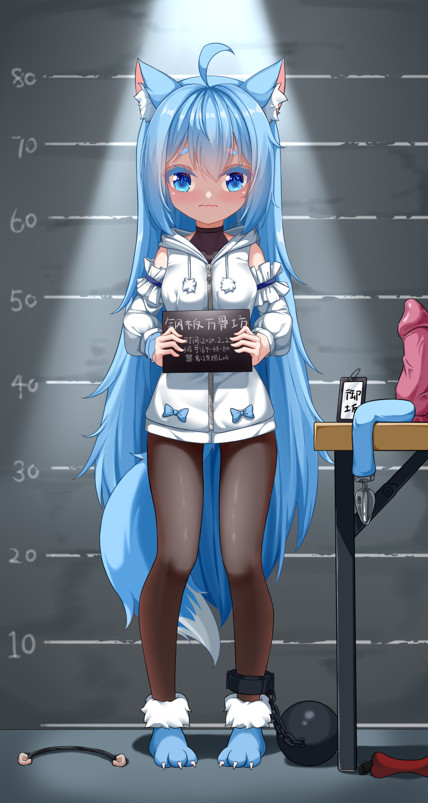 1girl absurdres ahoge anal_tail animal_ear_fluff animal_ears ball_and_chain_restraint black_pantyhose blue_eyes blue_footwear blue_hair blush butt_plug chain character_request copyright_request cuffs denfunsan detached_sleeves dildo fake_tail full_body highres holding holding_sign jacket legs long_hair no_pants pantyhose paw_shoes sex_toy sign solo standing table tail thighs very_long_hair virtual_youtuber white_jacket white_sleeves wolf_ears wolf_tail