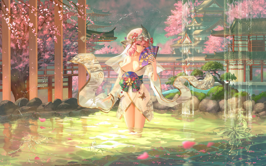 1girl architecture breasts bug butterfly cherry_blossoms closed_mouth east_asian_architecture floral_print folding_fan hair_between_eyes hand_fan hat hebbtia highres holding holding_fan large_breasts mob_cap obi petals petals_on_liquid pink_eyes pink_hair rock saigyouji_yuyuko sash see-through short_hair solo touhou triangular_headpiece water water_butterfly white_headwear