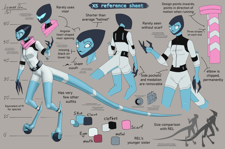 2_toes 3_fingers absurd_res accessory alien alien_humanoid armor ben_10 biped bodysuit cartoon_network chart claws clothing digitigrade english_text facial_markings fan_character featureless_eyes feet female fingers furgonomics head_markings headgear height_chart helmet hi_res humanoid kineceleran lumen_fox markings model_sheet not_furry pallet pink_scarf rel_(lumen_fox) scar scarf signature skinsuit smile tail tail_accessory text tight_clothing toes torn_clothing wheels white_clothing x-s_(lumen_fox)