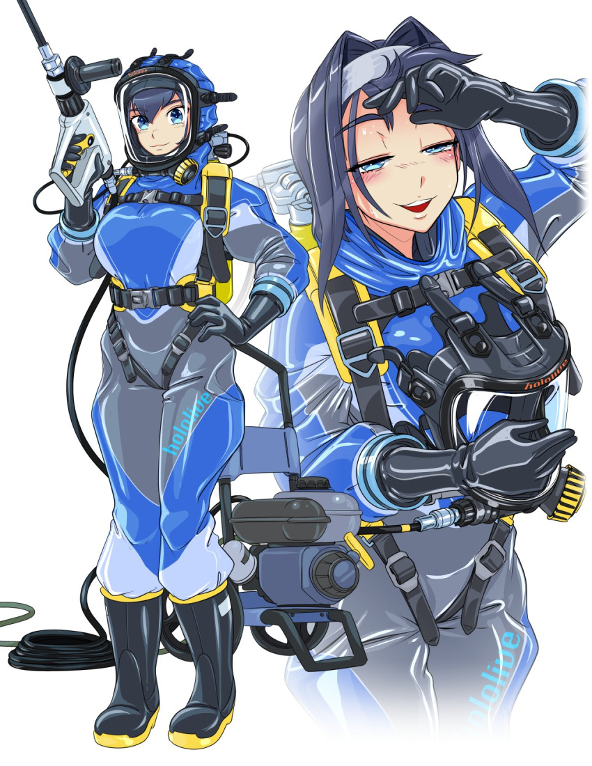 blue_eyes blush boots gloves hazmat_suit highres hololive hololive_english latex latex_gloves ouro_kronii oxygen_mask oxygen_tank powerwash_simulator rubber_boots rubber_gloves scuba scuba_tank sweat
