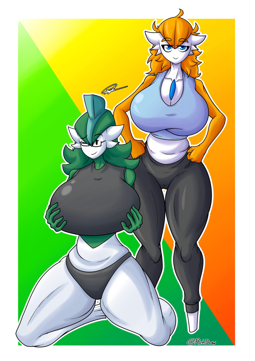 2020 4_fingers absurd_res big_breasts blue_eyes breasts camel_toe clothed clothing duo eyewear female fingers gallade gardevoir generation_3_pokemon generation_4_pokemon glasses green_body green_hair hair hi_res humanoid kneeling mango_(shewiff) nintendo not_furry orange_body orange_hair pokemon pokemon_(species) richdraw standing vera_(shewiff) white_body