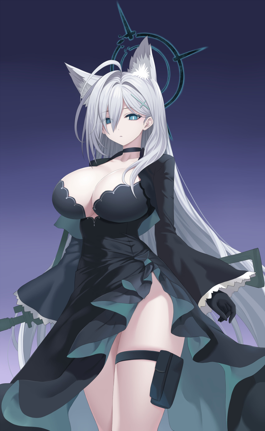 absurdres animal_ear_fluff animal_ears asamura_hiori black_choker black_dress blue_archive breasts broken_halo choker cross_hair_ornament dark_halo diamond-shaped_pupils diamond_(shape) dress extra_ears grey_hair gun hair_ornament halo handgun highres huge_breasts mismatched_pupils shiroko_(blue_archive) shiroko_(terror)_(blue_archive) sig_sauer sig_sauer_p226 symbol-shaped_pupils thigh_strap weapon wolf_ears