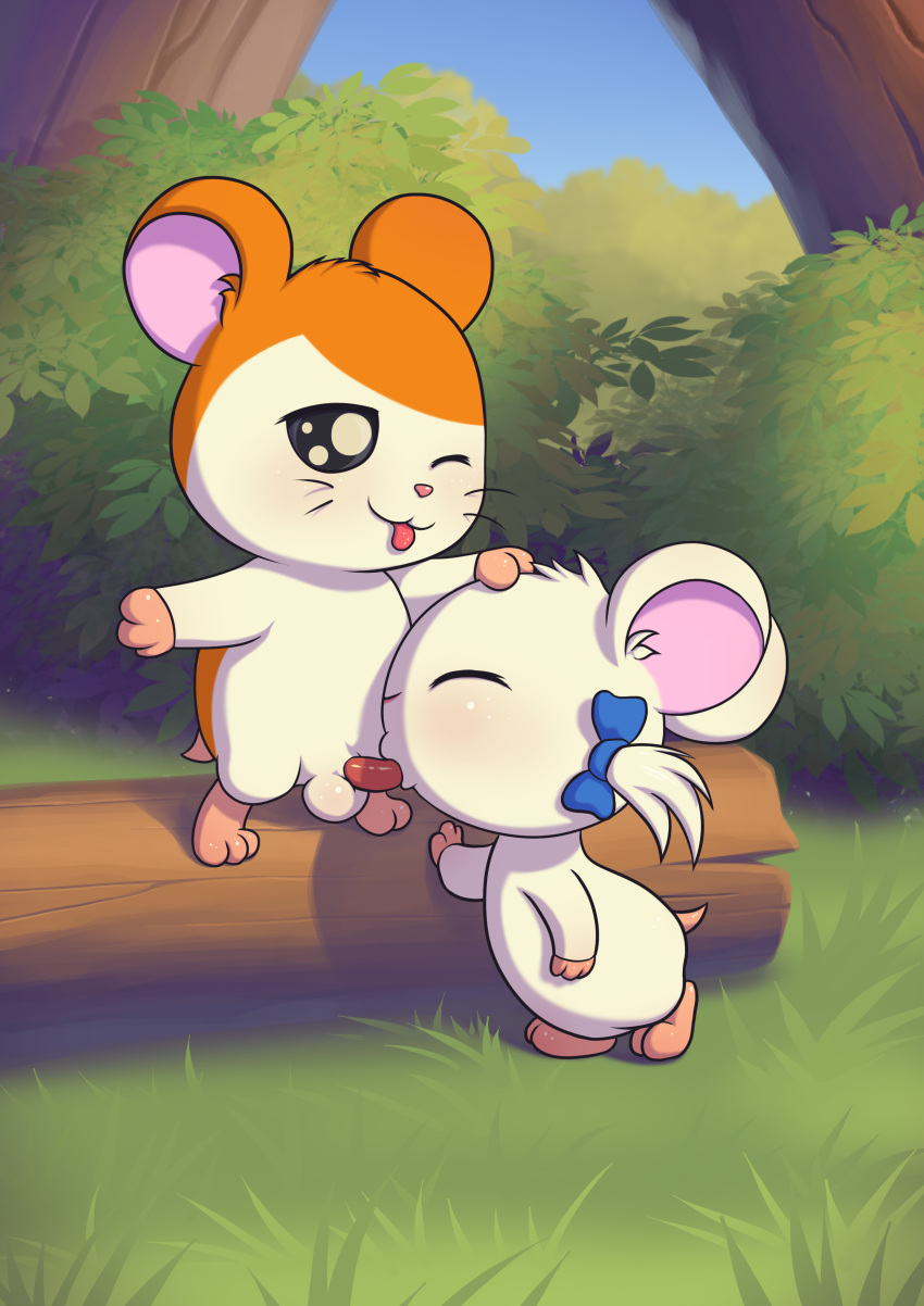 2023 absurd_res accessory anthro balls bijou_(hamtaro) biped black_eyes bow_ribbon cricetid duo eyes_closed fellatio female female_penetrated genitals grass hair_accessory hair_bow hair_ribbon hamster hamtaro hamtaro_(series) hand_on_head hi_res log looking_pleasured male male/female male_penetrating male_penetrating_female mammal minum multicolored_body nude oral oral_penetration orange_body outside outside_sex penetration penile penis_in_mouth pink_nose plant ribbons rodent round_ears semi-anthro sex short_tail shrub standing tail tan_body tongue tongue_out two_tone_body whiskers white_body wood