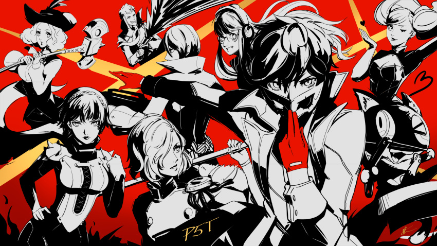 4boys 4girls ;d ;p akechi_gorou amamiya_ren axe bodysuit braid breasts cat cat_tail cleavage crown_braid double-barreled_shotgun eightyfourart epaulettes floating_hair glasses gloves goggles goggles_on_head greyscale_with_colored_background grin gun hat hat_feather headphones heart highres holding holding_axe holding_gun holding_mask holding_sword holding_weapon jacket kitagawa_yuusuke long_hair mask medium_breasts morgana_(persona_5) multiple_boys multiple_girls niijima_makoto okumura_haru one_eye_closed outstretched_arm partially_colored persona persona_5 red_background red_gloves sakamoto_ryuuji sakura_futaba scarf short_hair shotgun slingshot_(weapon) smile sword tail takamaki_anne tongue tongue_out very_long_hair weapon