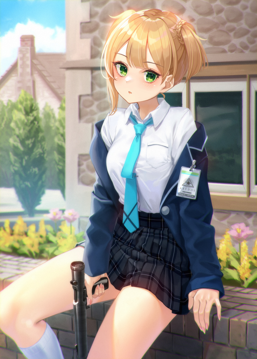 1girl absurdres blonde_hair blue_jacket blue_necktie blue_sky braid breasts checkered_clothes checkered_skirt cloud collared_shirt commentary commission day english_commentary enpera_(jdud8375) feet_out_of_frame fingernails flower green_eyes gun handgun highres holding holding_gun holding_weapon house id_card jacket light_blush long_sleeves looking_at_viewer medium_breasts nail_polish necktie open_clothes open_jacket original outdoors parted_lips pink_flower pink_nails shirt short_hair sitting skirt sky socks solo tree two_side_up weapon white_shirt white_socks yellow_flower