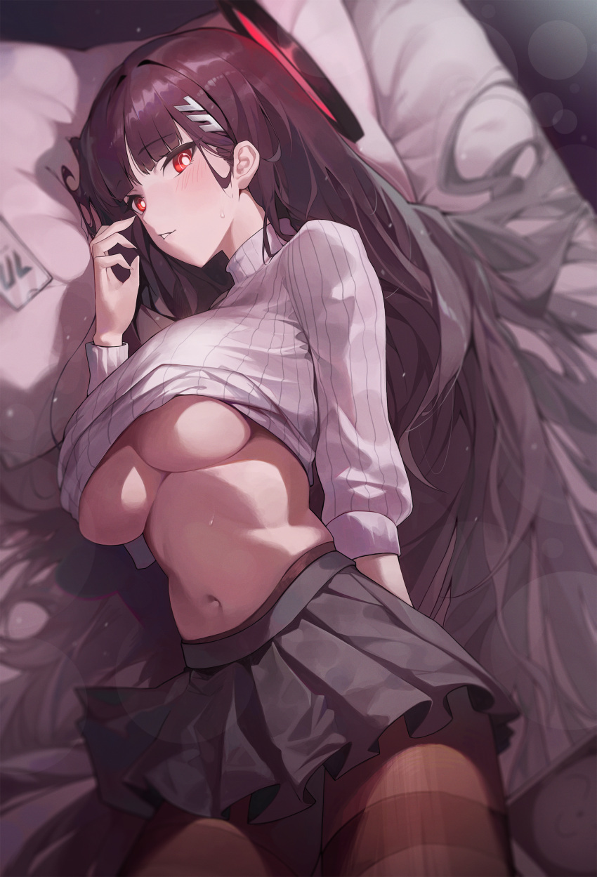 1girl absurdres black_hair black_pantyhose black_skirt blue_archive blunt_bangs blush breasts cleavage clothes_lift commentary hair_ornament hairclip halo highres large_breasts long_hair long_sleeves looking_at_viewer lying navel ninebell on_side pantyhose parted_lips pillow pleated_skirt red_eyes rio_(blue_archive) skirt solo sweat sweater sweater_lift thighband_pantyhose turtleneck turtleneck_sweater underboob very_long_hair white_sweater