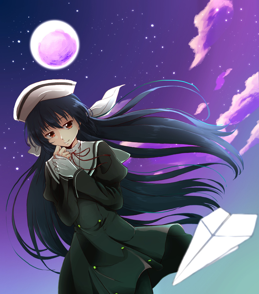 1girl amamiya_yuuko beret black_dress black_hair blue_hair blush bon_(bonbon315) buttons cloud cloudy_sky dress ef gloves hair_between_eyes hat highres juliet_sleeves long_hair long_sleeves moon paper_airplane puffy_sleeves red_eyes ribbon sky smile solo star_(sky) very_long_hair white_gloves white_headwear