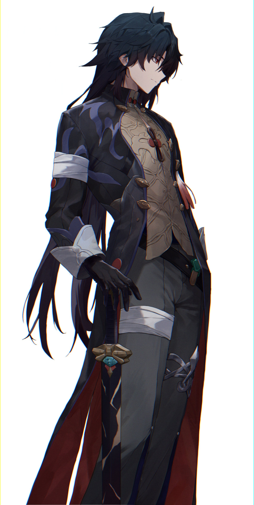 1boy absurdres armor bandaged_leg bandages black_gloves blade_(honkai:_star_rail) blue_coat blue_hair chinese_clothes coat commentary empty_eyes expressionless from_side gloves grey_pants hair_over_one_eye hand_on_own_hip highres honkai:_star_rail honkai_(series) long_coat long_hair male_focus pants profile red_eyes shirt solo tassel toi1et_paper very_long_hair yellow_shirt
