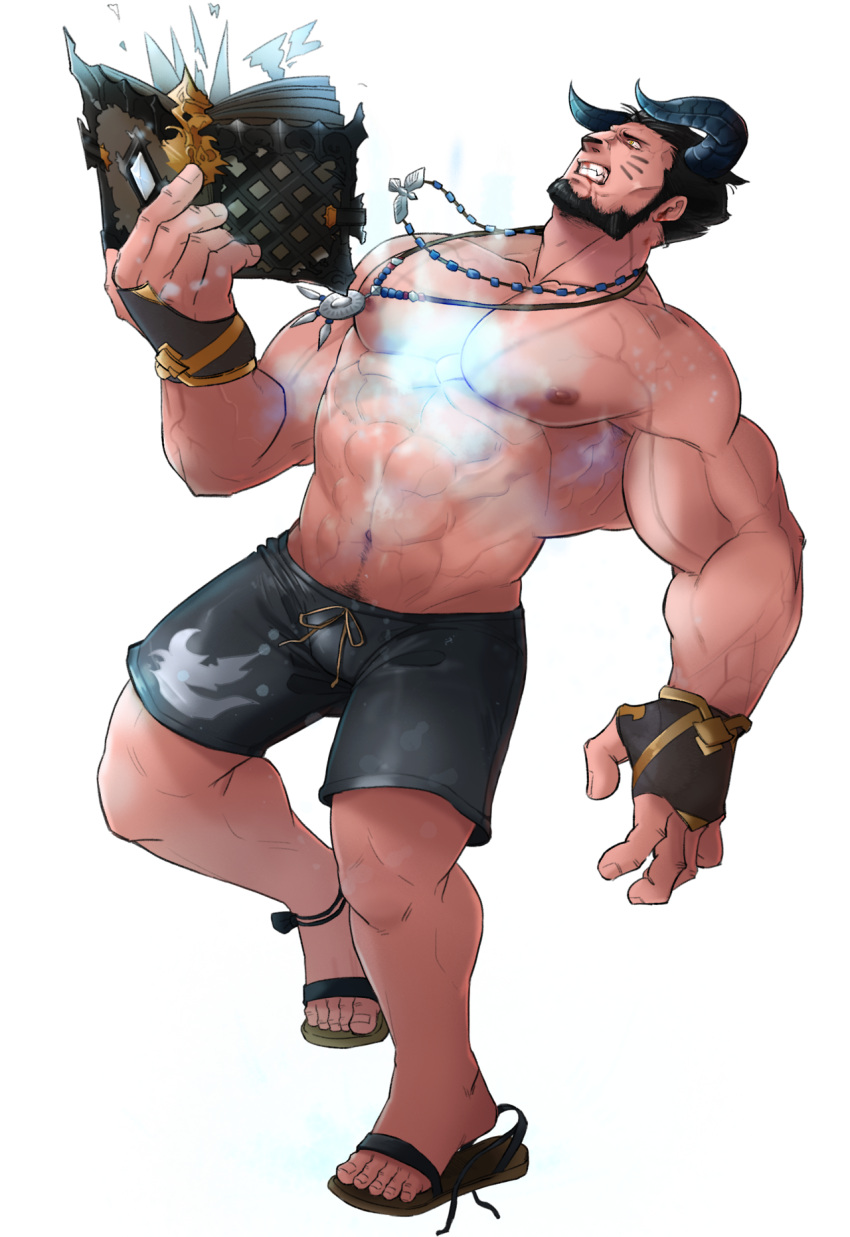 1boy abs arched_back bara beard black_shorts book bulge character_request check_character clenched_teeth cryokinesis curled_horns facial_hair final_fantasy final_fantasy_xiv fingerless_gloves furry furry_male gloves grimoire highres horns large_hands large_pectorals male_focus mature_male muscular muscular_male navel navel_hair nipples open_book pectorals ppyong roegadyn sandals short_hair shorts solo stomach teeth topless_male transparent_background veins veiny_arms warrior_of_light_(ff14)