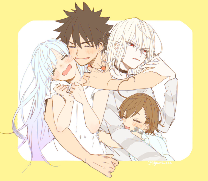 2boys 2girls accelerator_(toaru_majutsu_no_index) ahoge albino annoyed black_choker black_hair blush border brown_hair choker closed_eyes diagonal-striped_shirt dress female_child flat_chest gradient_hair grey_shirt half-closed_eyes hatching_(texture) hug hug_from_behind index_(toaru_majutsu_no_index) kamijou_touma last_order_(toaru_majutsu_no_index) long_hair multicolored_hair multiple_boys multiple_girls open_mouth orange_shirt oyaumi_zzz pale_skin red_eyes shirt short_hair short_sleeves sketch smile spiked_hair toaru_majutsu_no_index upper_body wavy_mouth white_background white_dress white_hair yellow_border