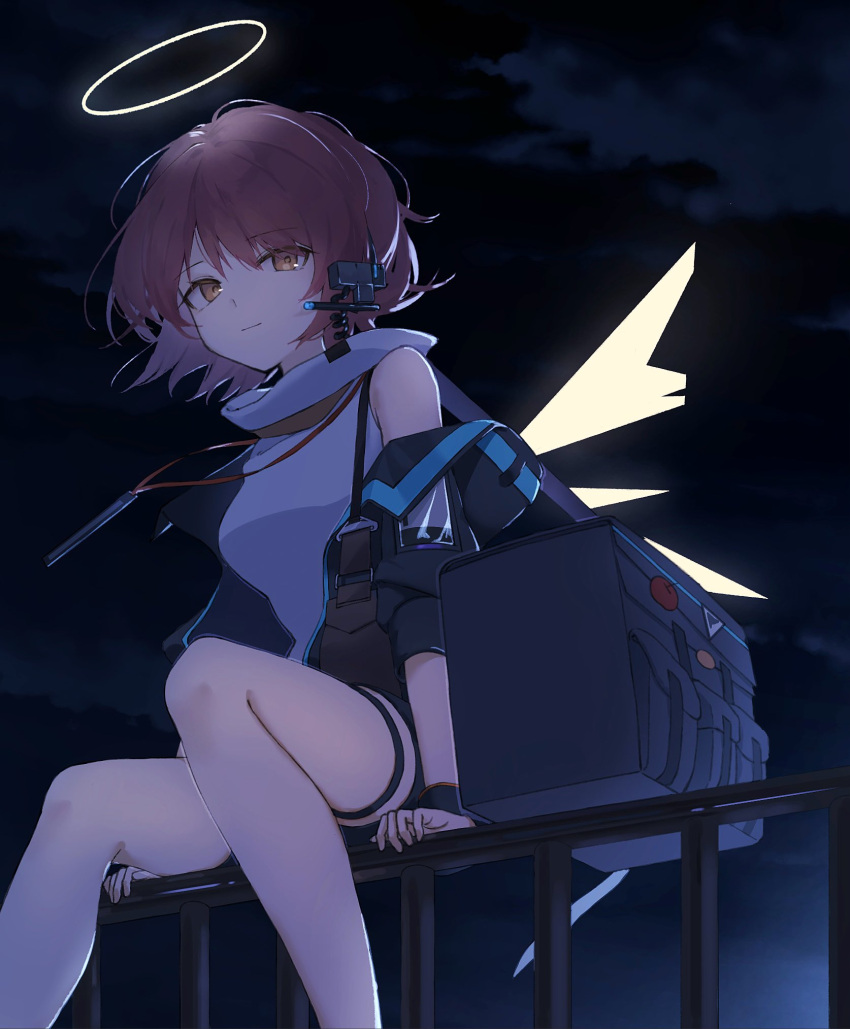 1girl arknights bag black_jacket closed_mouth detached_wings earpiece energy_wings exusiai_(arknights) exusiai_(midnight_delivery)_(arknights) halo highres jacket mgmg_cc211 night official_alternate_costume on_railing open_clothes open_jacket railing red_hair shirt short_hair shoulder_bag solo thigh_strap white_shirt wings yellow_eyes