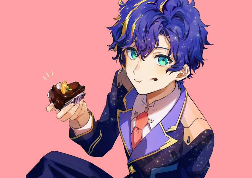 1boy :t aqua_eyes astel_leda blonde_hair blue_hair blue_jacket blue_pants cake cake_slice chocolate_cake eating feet_out_of_frame food food_on_face fruit hair_between_eyes holding holding_food holostars jacket lapels looking_at_viewer male_focus multicolored_hair necktie nokachoco114 notched_lapels notice_lines orange_(fruit) orange_slice pants pink_background red_necktie shirt short_hair simple_background sitting solo starry_hair starry_sky_print streaked_hair virtual_youtuber whipped_cream white_shirt