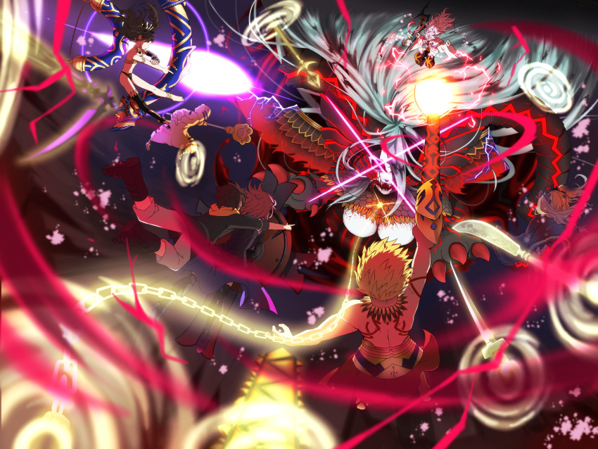 3boys 5girls animal_costume animal_print anklet asymmetrical_legwear battle blonde_hair boots bow breasts brown_hair chain chaldea_uniform claws cloak ereshkigal_(fate) fate/grand_order fate_(series) floating floating_object floating_weapon fujimaru_ritsuka_(male) gilgamesh_(fate) glowing glowing_eyes glowing_weapon grey_hair hair_bow highres holding holding_staff huge_breasts ishtar_(fate) jaguarman_(fate) jewelry jinri long_hair magic mash_kyrielight merlin_(fate) midriff multiple_boys multiple_girls navel necklace open_mouth pants pointing sharp_teeth shield short_hair staff tattoo teeth tiamat_(fate) tiger_costume tiger_print twintails weapon white_hair white_pants
