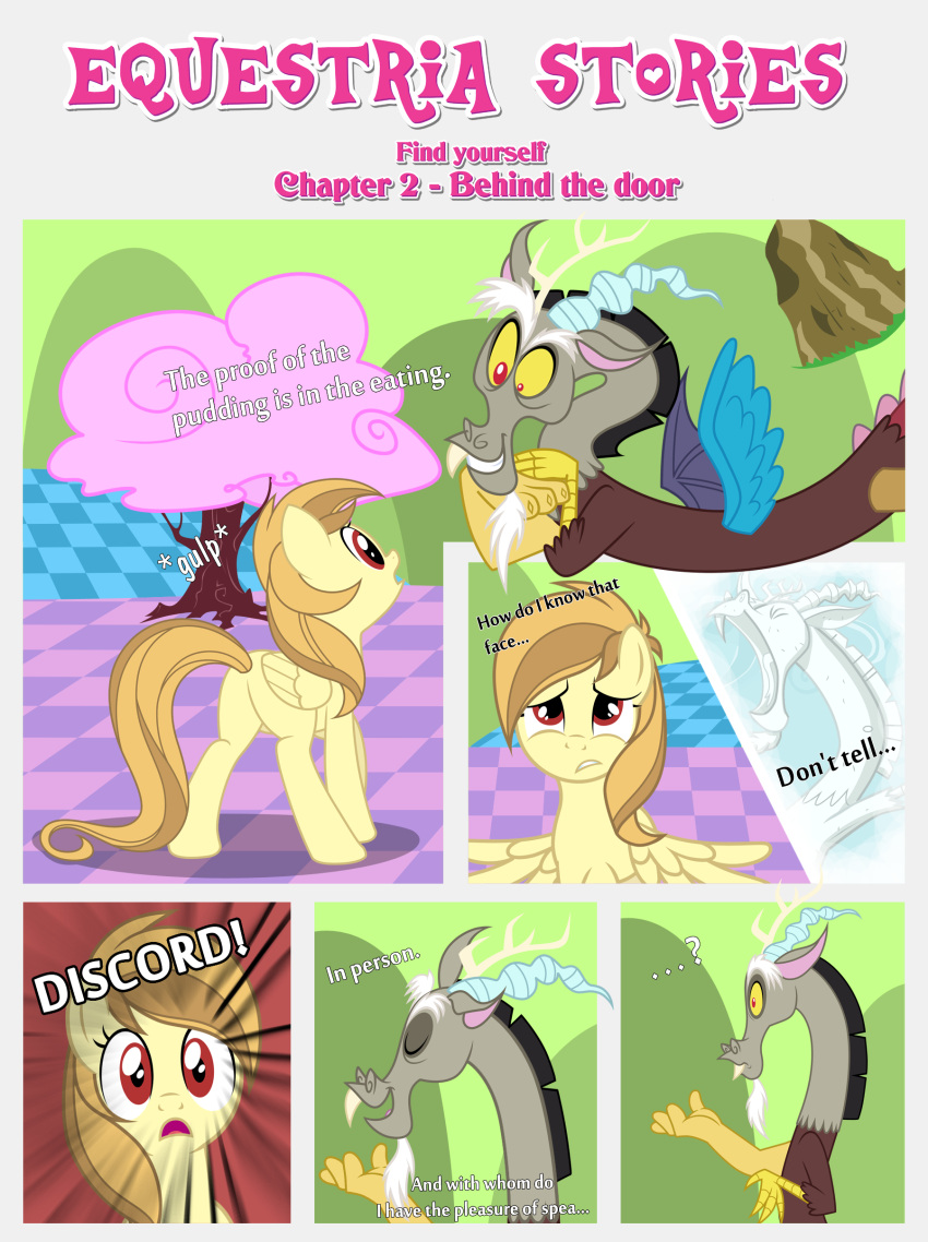 absurd_res alice_goldenfeather_(estories) anthro black_border border butt chimera dialogue discord_(mlp) draconequus duo ears_up english_text equid equine estories eyes_closed female feral folded_wings friendship_is_magic hasbro hi_res male mammal my_little_pony open_mouth pegasus pink_tree plant sculpture single_tooth spread_wings statue stone_statue text tree wide_eyed wings