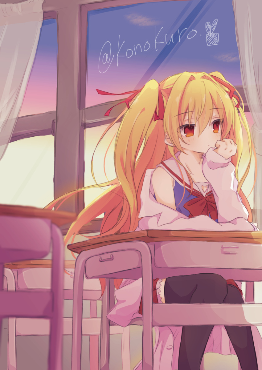1girl black_thighhighs blonde_hair blue_shirt bow cardigan chair classroom closed_mouth commentary_request commission curtains desk dusk expressionless eyes_visible_through_hair floating_hair frilled_skirt frills hair_between_eyes hair_intakes hair_ribbon hand_up head_rest highres indoors irotoridori_no_sekai konoquro long_hair looking_afar miniskirt nikaidou_shinku off_shoulder on_chair open_cardigan open_clothes red_bow red_eyes red_ribbon red_skirt ribbon sailor_collar school_chair school_desk school_uniform serafuku shirt sitting skeb_commission skirt sleeveless sleeveless_shirt sleeves_past_wrists solo thighhighs twitter_username two_side_up very_long_hair white_cardigan white_sailor_collar window zettai_ryouiki