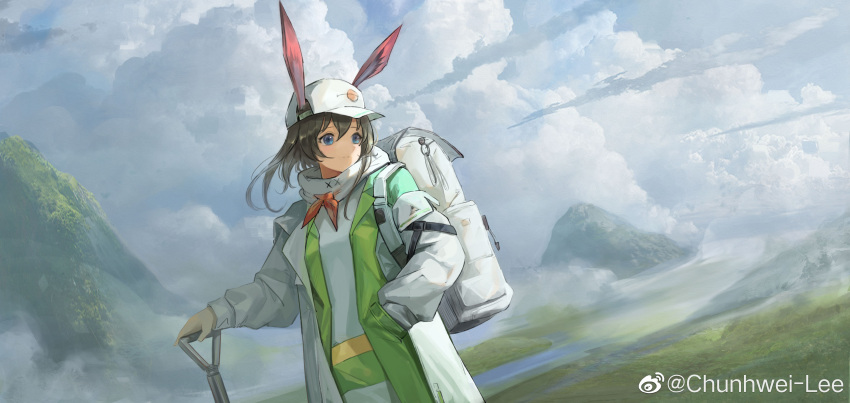 1girl absurdres amiya_(arknights) amiya_(planter)_(arknights) animal_ears arknights backpack bag baseball_cap blue_eyes brown_hair chunhwei_lee cloud cloudy_sky dutch_angle ears_through_headwear grass grasslands hair_between_eyes hand_in_pocket hat highres holding holding_shovel jacket long_sleeves looking_to_the_side medium_hair mountain official_alternate_costume outdoors rabbit_ears shirt shovel sky solo turning_head upper_body weibo_logo weibo_username white_bag white_headwear white_jacket white_shirt