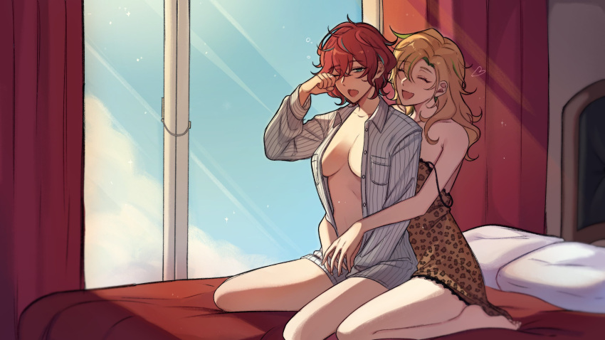 2girls animal_print blonde_hair blue_hair blush brown_dress closed_eyes dress green_eyes green_hair grey_shirt highres hug hug_from_behind hypnosis_mic izanami_hifumi kannonzaka_doppo leopard_print lummy_yummy multicolored_hair multiple_girls one_eye_closed open_clothes open_mouth open_shirt red_hair shirt short_hair striped striped_shirt yuri