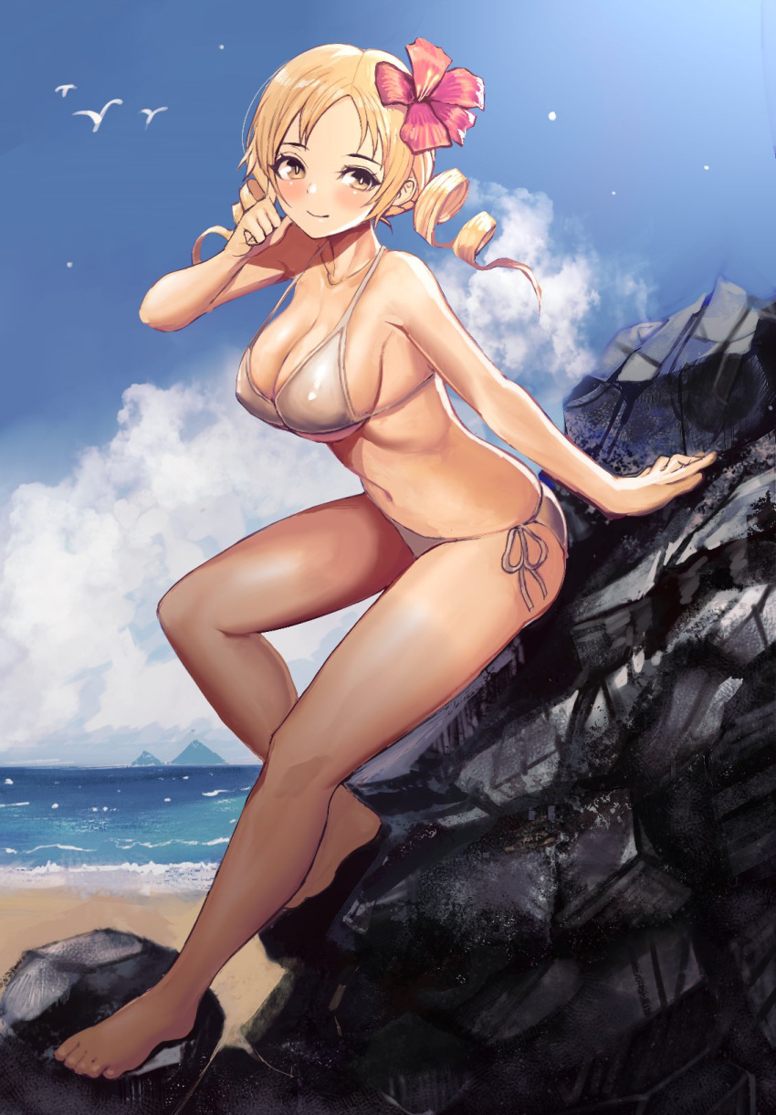 arm_support barefoot beach bikini bird blonde_hair blue_sky breasts brown_bikini brown_eyes cleavage cloud drill_hair flower hair_flower hair_ornament highres large_breasts magical_girl mahou_shoujo_madoka_magica ocean rokuba seagull side-tie_bikini_bottom sitting_on_rock sky smile swimsuit tomoe_mami twin_drills