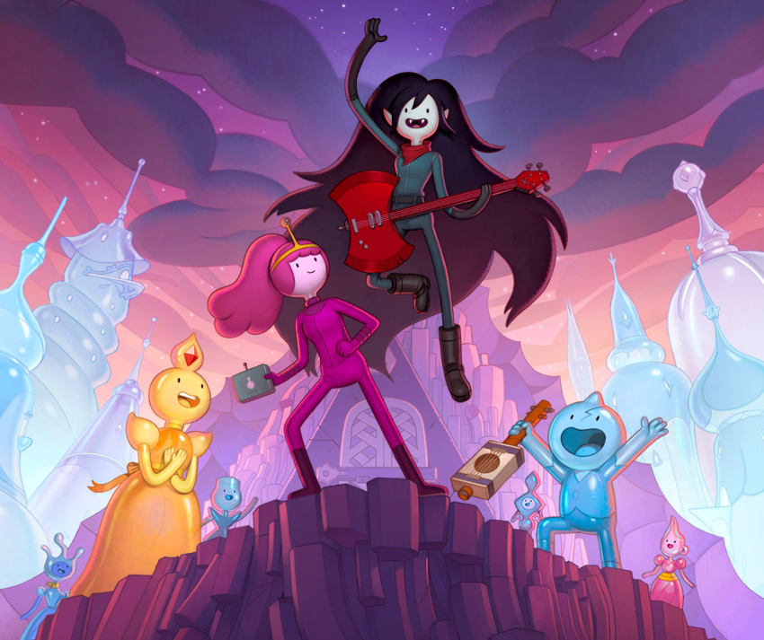 absurd_res adventure_time ambiguous_gender black_hair boots bow_ribbon cartoon_network clothed clothing cloud demon detailed_background fangs female floating footwear fully_clothed glass gloves group hair handwear hi_res holding_bass holding_guitar holding_musical_instrument holding_object human humanoid joy_ang mammal marceline_abadeer musical_instrument not_furry official_art on_model open_mouth open_smile pink_hair ponytail princess_bubblegum raised_arm see-thru_princess sky smile teeth toony vampire