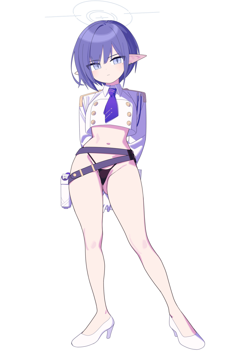 1girl aoi_(blue_archive) arms_behind_back belt black_panties blue_archive blue_eyes buttons double-breasted earrings full_body gloves halo highres holstered_weapon jewelry looking_at_viewer mabera mole mole_under_eye navel panties pointy_ears purple_hair short_hair simple_background solo underwear white_background white_gloves