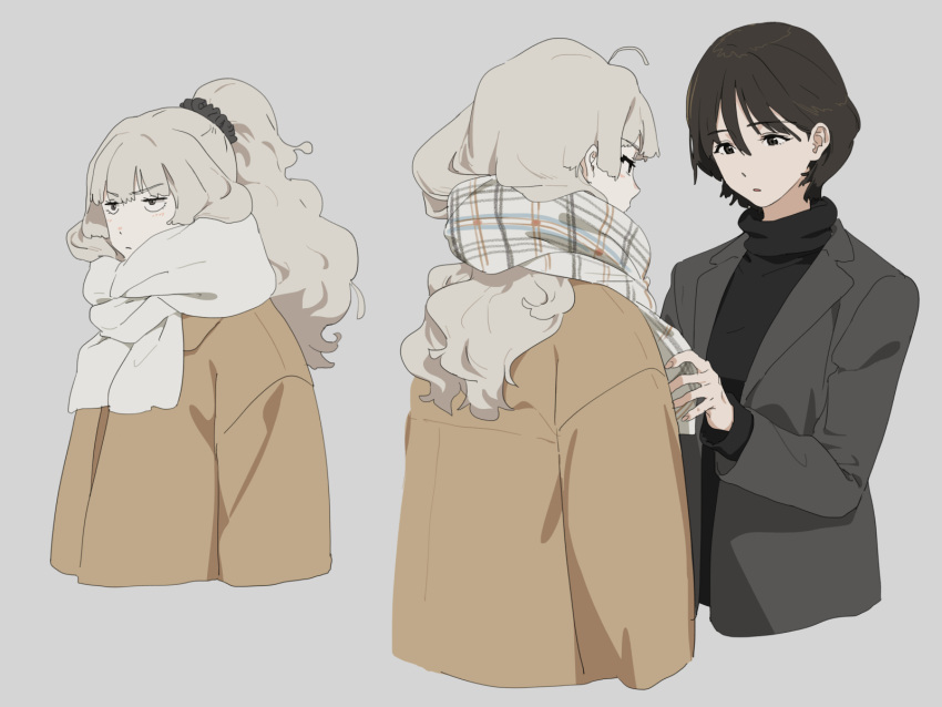 2girls adjusting_another's_clothes black_hair black_scrunchie black_sweater blazer blonde_hair choppy_bangs coat enpera fingernails high_ponytail highres jacket k_(kamo_kamen) kamo_kamen long_hair m_(kamo_kamen) multiple_girls multiple_views open_mouth original ponytail scarf scrunchie short_hair simple_background sweater turtleneck turtleneck_sweater upper_body white_background white_scarf