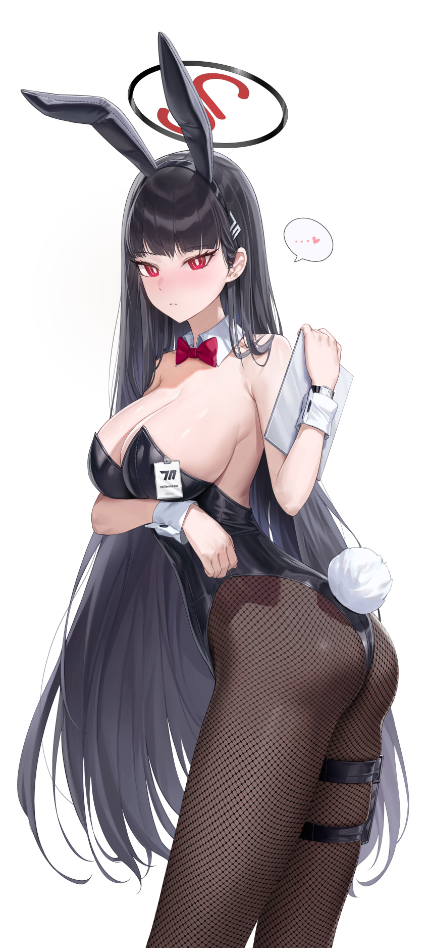 1girl absurdres alternate_costume animal_ears arm_under_breasts ass black_hair black_leotard blue_archive breasts brown_pantyhose cryturtle fake_animal_ears fake_tail halo highres holding holding_tablet_pc large_breasts leotard long_hair pantyhose playboy_bunny rabbit_ears rabbit_tail red_eyes rio_(blue_archive) straight_hair tablet_pc tail very_long_hair