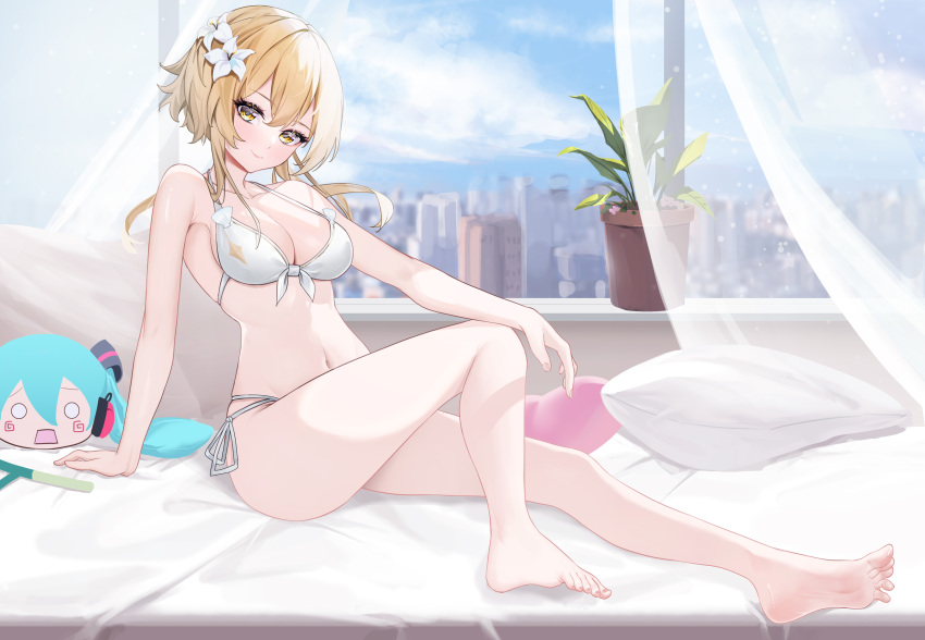 1girl bare_arms bare_legs bare_shoulders barefoot bikini blonde_hair blue_sky breasts candy_shunya cleavage commentary_request curtains day flower genshin_impact hair_flower hair_ornament hatsune_miku highres indoors large_breasts long_hair looking_at_viewer lumine_(genshin_impact) navel pillow plant potted_plant sky smile solo spring_onion stomach swimsuit thighs vocaloid white_bikini white_flower