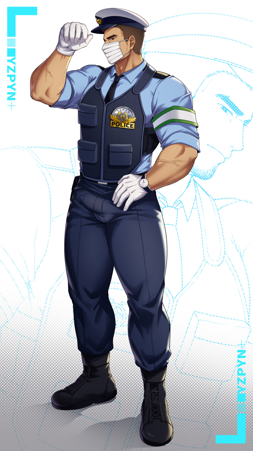 1boy absurdres armband artist_name bara biceps brown_hair bulge bulletproof_vest gloves hand_on_hip highres looking_at_viewer male_focus manly mask mature_male mouth_mask muscular muscular_male original pants police police_uniform shoes short_hair signature simple_background solo thick_thighs thighs uniform watch white_background yzpyn