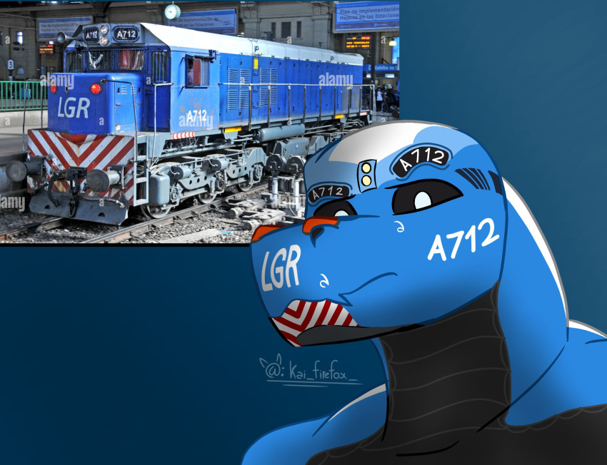 anthro argentina belly black_belly black_body black_eyebrows black_scales black_sclera blue_background blue_body blue_eyes chevron_(marking) countershading diesel-electric_locomotive dragon electro-motive-diesel emd_gt22 eyebrows flesh_fang headlights hi_res how_to_dragon_your_train hybrid kai_firefox linea_general_roca_(lgr) living_machine living_train living_vehicle locomorph locomotive machine male markings number photo red_body red_markings red_scales reptile scales scalie simple_background solo stripes text train vehicle white_body white_markings white_scales white_stripes white_text