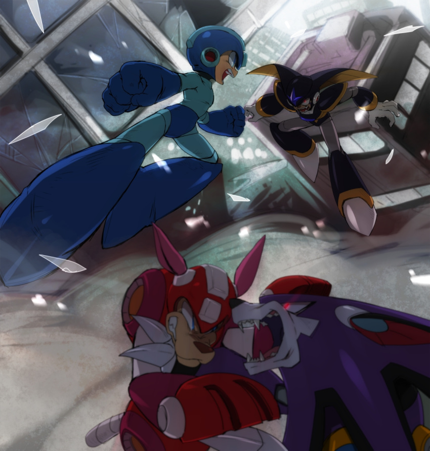 2boys bass_(mega_man) blue_eyes clenched_hands commentary_request fangs fighting helmet highres male_focus mega_man_(character) mega_man_(classic) mega_man_(series) multiple_boys non-humanoid_robot red_eyes robot robot_animal rush_(mega_man) sharp_teeth teeth treble_(mega_man) yuriyuri_(ccc)