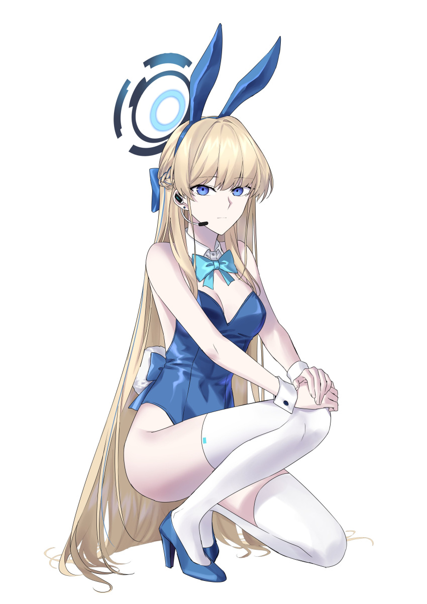 1girl absurdres animal_ears blonde_hair blue_archive blue_bow blue_bowtie blue_eyes blue_footwear blue_hair blue_leotard bow bowtie braid breasts commentary detached_collar earpiece fake_animal_ears fake_tail halo high_heels highres leotard long_hair looking_at_viewer medium_breasts multicolored_hair on_one_knee playboy_bunny rabbit_ears rabbit_tail shoes simple_background solo strapless strapless_leotard streaked_hair suprii tail thighhighs toki_(blue_archive) toki_(bunny)_(blue_archive) two-tone_hair very_long_hair white_background white_thighhighs wrist_cuffs