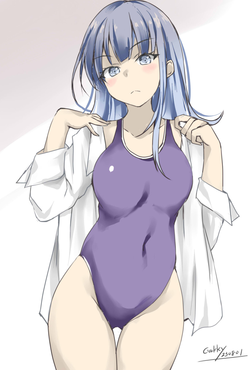 1girl ass_visible_through_thighs blue_eyes blue_hair blunt_bangs blush breasts competition_school_swimsuit cowboy_shot dated gakky hatsukaze_(kancolle) highres hime_cut kantai_collection long_hair looking_at_viewer medium_breasts one-piece_swimsuit open_clothes open_shirt purple_one-piece_swimsuit school_swimsuit shirt simple_background solo swimsuit twitter_username white_background white_shirt