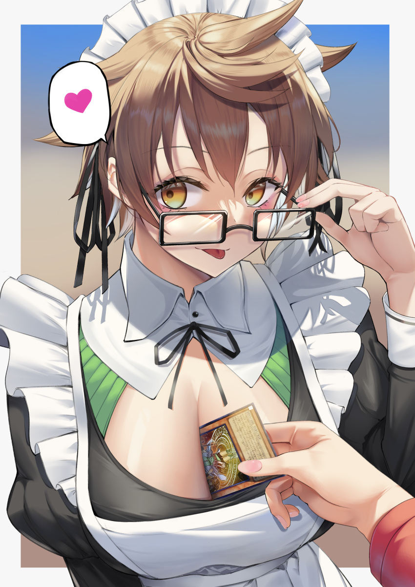 1girl 1other absurdres adjusting_eyewear alternate_costume ambiguous_gender apron aussa_(yu-gi-oh!) aussa_the_earth_channeler between_breasts breasts brown_eyes brown_hair card card_between_breasts cleavage detached_collar duel_monster enmaided frilled_apron frills glasses hand_up heart highres juliet_sleeves large_breasts long_sleeves maid maid_headdress puffy_sleeves sayaka_ikku short_hair spoken_heart yu-gi-oh!