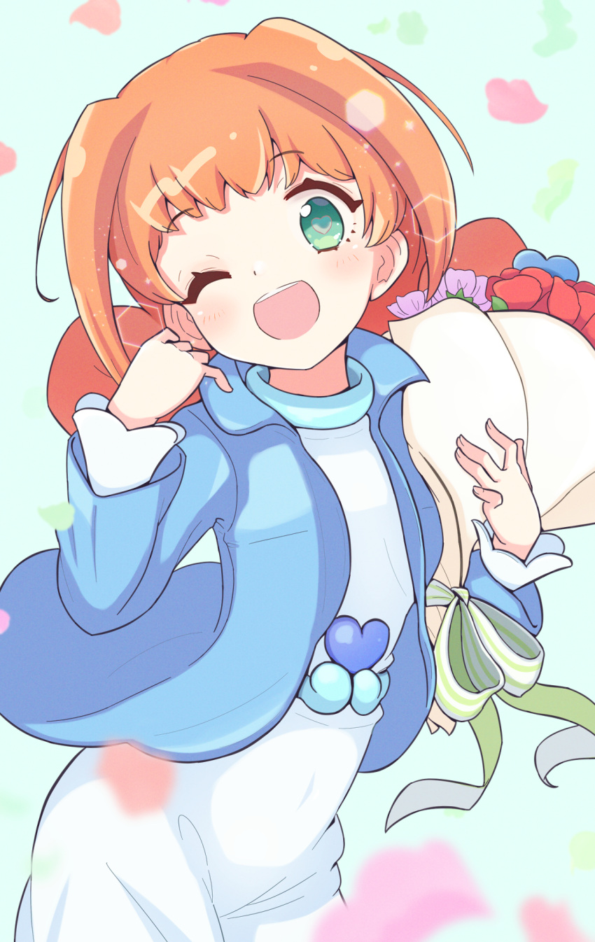 1girl ally_(puyopuyo) blue_flower blue_jacket bouquet dress fingernails flower green_eyes heart heart_in_eye highres holding holding_bouquet jacket jazz_grace looking_at_viewer medium_hair open_mouth orange_hair pink_flower puyopuyo puyopuyo_chronicle puyopuyo_quest red_flower solo symbol_in_eye teeth upper_teeth_only white_dress