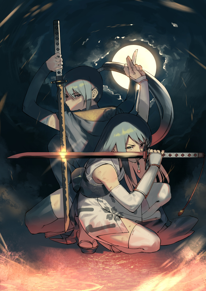 2girls absurdres arm_up arms_up black_hair black_thighhighs bukimi_isan elbow_gloves gloves grey_gloves grey_thighhighs highres holding holding_sword holding_weapon japanese_clothes katana long_hair moon mouth_hold multiple_girls night outdoors ponytail sandals shy_(series) siblings sisters sword tennouji_ai_(shy) tennouji_mai_(shy) thighhighs weapon