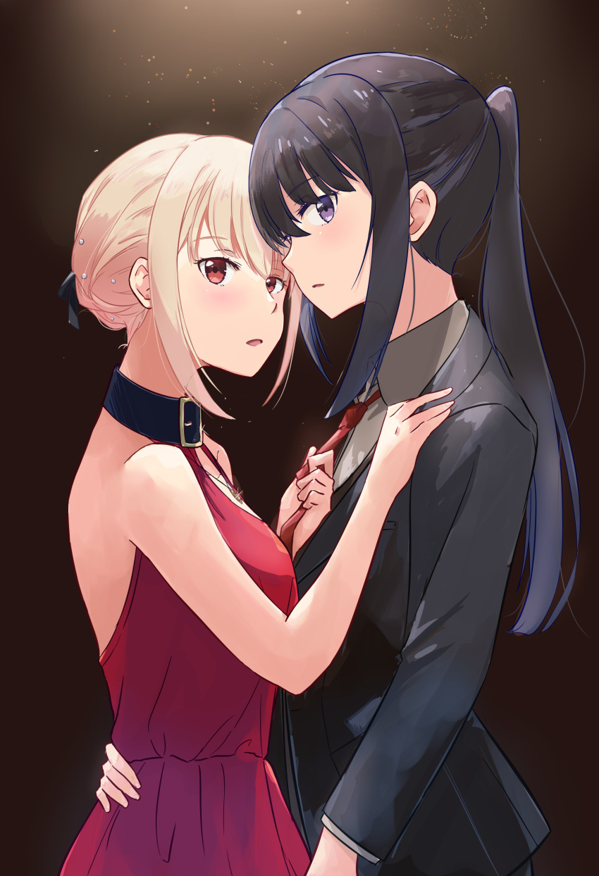 2girls absurdres backless_dress backless_outfit bare_shoulders beads black_hair black_jacket black_ribbon blush brown_background chai_haru collarbone collared_shirt commentary_request dress formal from_side grey_shirt hair_beads hair_ornament hair_ribbon hand_on_another's_back highres inoue_takina jacket jewelry light_particles long_hair looking_at_viewer lycoris_recoil multiple_girls necklace necktie necktie_grab neckwear_grab nishikigi_chisato official_alternate_costume official_alternate_hairstyle open_mouth parted_lips partial_commentary ponytail purple_eyes red_dress red_eyes red_necktie ribbon shirt short_hair sidelocks suit yuri