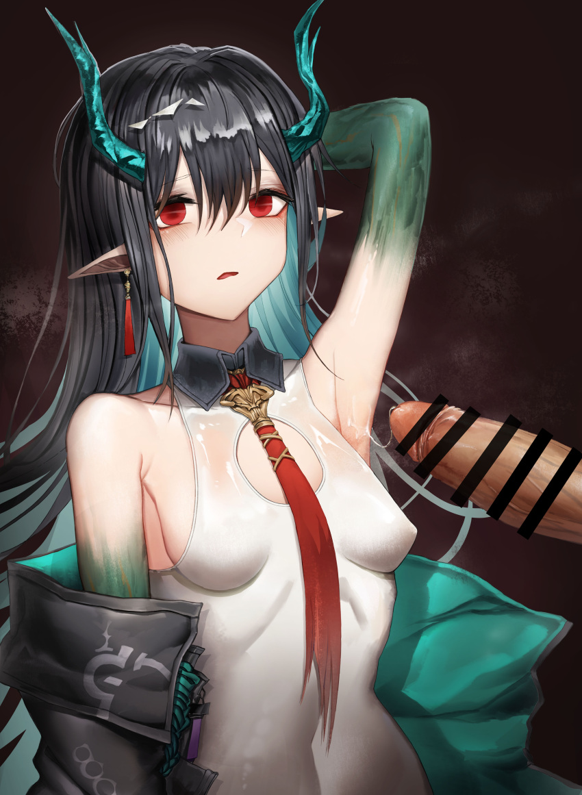 1boy 1girl absurdres arknights arm_up armpit_sex armpits bare_shoulders black_coat black_hair blue_hair blush breasts coat colored_inner_hair covered_navel cum cum_string dusk_(arknights) earrings empty_eyes hetero highres jewelry long_hair multicolored_hair necktie off_shoulder onedr open_clothes open_coat open_mouth pointy_ears red_eyes red_necktie small_breasts solo_focus steaming_body two-tone_hair upper_body very_long_hair