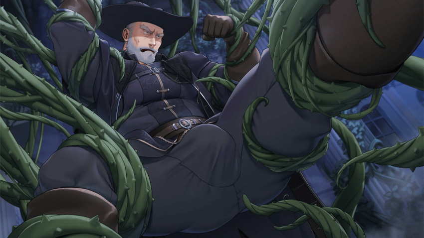 1boy bara beard black_jacket black_pants boots bound bound_legs bound_wrists brown_gloves bulge crave_saga facial_hair gloves gorou_naoki hat jacket large_pectorals male_focus muscular muscular_male nerfen_(crave_saga) official_art outdoors pants pectorals restrained short_hair solo tentacles tentacles_on_male white_hair