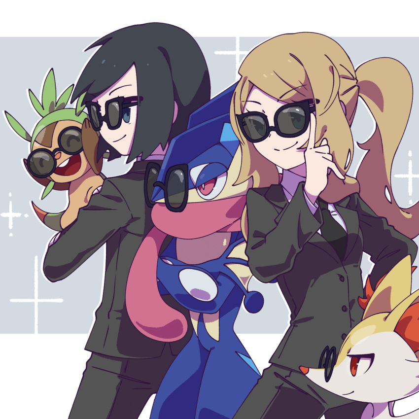 1boy 1girl ^_^ adjusting_eyewear alternate_costume animal_ear_fluff back-to-back black-framed_eyewear black_hair black_necktie black_pants black_suit blue_eyes braixen calem_(pokemon) chespin closed_eyes collared_shirt commentary_request cowboy_shot crossed_arms finger_on_eyewear formal greninja grey_background highres letterboxed light_brown_hair long_hair long_tongue necktie omochi_(omotimotittona3) open_mouth outside_border pants pokemon pokemon_(creature) pokemon_(game) pokemon_on_arm pokemon_xy ponytail red_eyes serena_(pokemon) shirt short_hair sidelocks smile starter_pokemon_trio suit sunglasses tongue tongue_out white_shirt