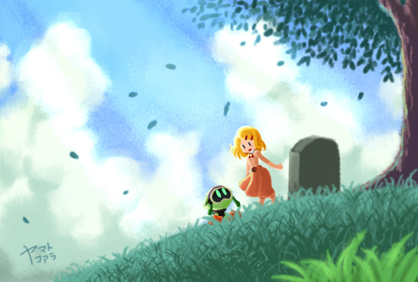 1girl belt belt_buckle blonde_hair blue_eyes blue_sky blush_stickers bow bowtie buckle cloud collar collared_shirt commentary_request falling_leaves grass green_eyes hair_ornament hairclip highres hill koaraymt leaf long_sleeves looking_at_another medium_skirt open_mouth orange_belt orange_shirt orange_skirt original outdoors red_bow red_bowtie robot shirt short_hair signature skirt sky smile solid_oval_eyes sunlight tombstone tree white_collar