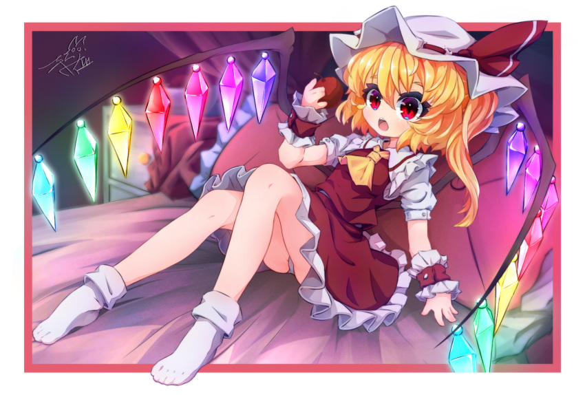 1girl apple arm_support ascot bare_legs bed bed_sheet bedroom blonde_hair breasts collared_shirt crystal flandre_scarlet food frilled_pillow frilled_shirt_collar frilled_skirt frills fruit full_body glowing glowing_wings hat hat_ribbon highres holding holding_food holding_fruit indoors leaning_back looking_at_food medium_hair mob_cap mr.turtle_head multicolored_wings no_shoes on_bed one_side_up panties pillow puffy_short_sleeves puffy_sleeves red_apple red_eyes red_ribbon red_skirt red_vest ribbon ribbon-trimmed_headwear ribbon_trim shirt short_sleeves skirt skirt_set small_breasts socks solo teeth touhou underwear upper_teeth_only vest white_headwear white_panties white_shirt white_socks wings wrist_cuffs yellow_ascot