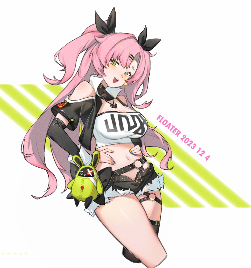 1girl :d artist_name bare_shoulders black_jacket black_shorts breasts cleavage clothing_cutout commentary cropped_legs cutoffs dated floater_(floater80012059) green_eyes hands_on_own_hips highres jacket large_breasts long_hair long_sleeves looking_at_viewer nicole_demara open_clothes open_jacket open_mouth pink_hair short_shorts shorts shoulder_cutout smile solo strapless thighs tube_top two_side_up very_long_hair white_background zenless_zone_zero