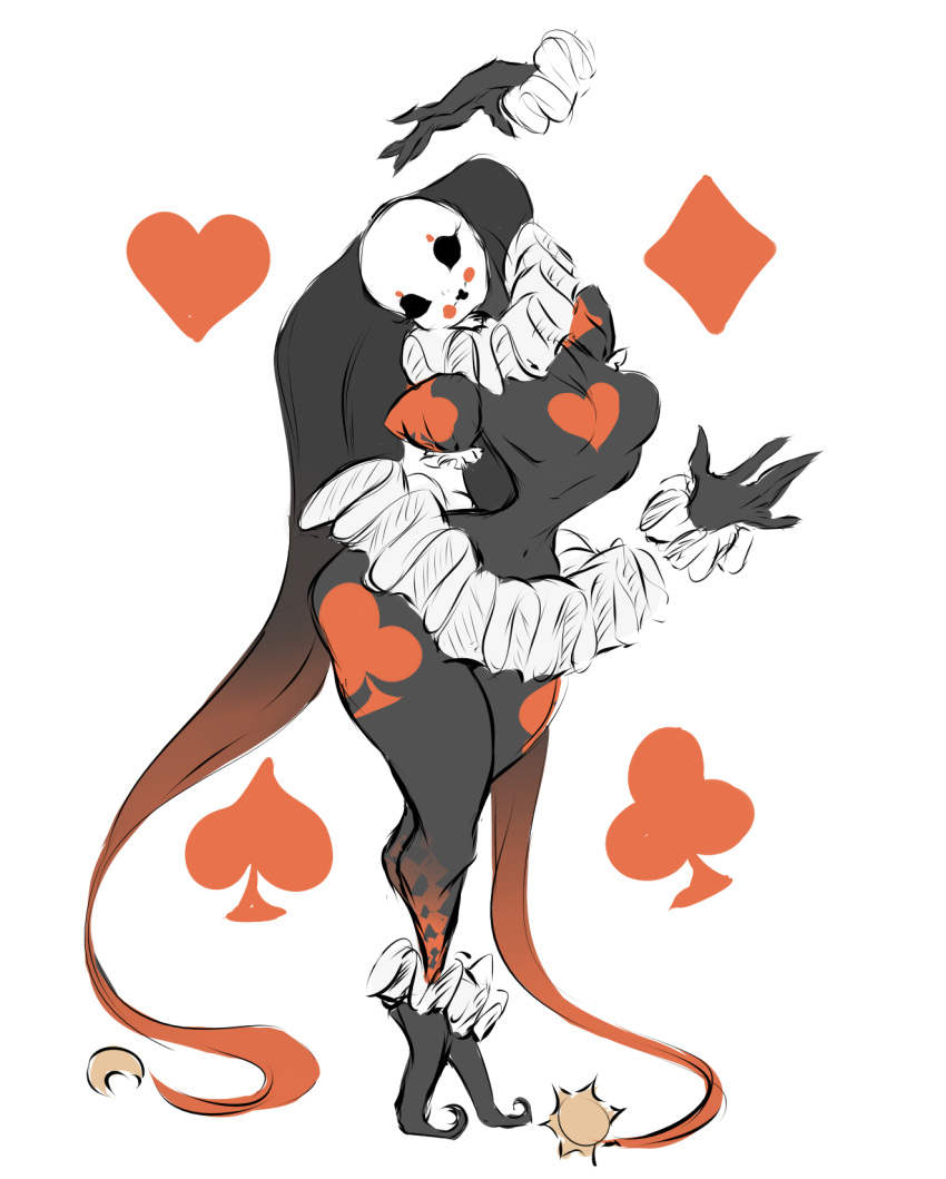 armless bottomwear clothing clubs_(marking) dancewear demon demon_humanoid dullvivid female harlequin head_tails heart_(marking) hi_res humanoid jester jester_outfit khaos_(dullvivid) mask simple_background skirt solo spade_(marking) tiptoes tutu white_background