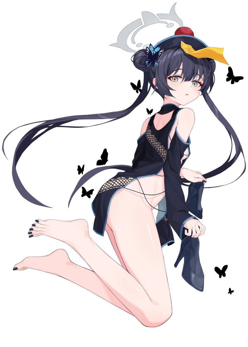 1girl absurdres bare_shoulders barefoot black_dress black_hair black_headwear black_nails black_sleeves blue_archive blush breasts butterfly_hair_ornament detached_sleeves double_bun dress fingernails grey_eyes grey_halo hair_bun hair_ornament halo hat highres jiangshi_costume kisaki_(blue_archive) long_hair looking_at_viewer nail_polish ofuda open_mouth simple_background small_breasts solo toenail_polish toenails toes twintails white_background yume_(454565427)
