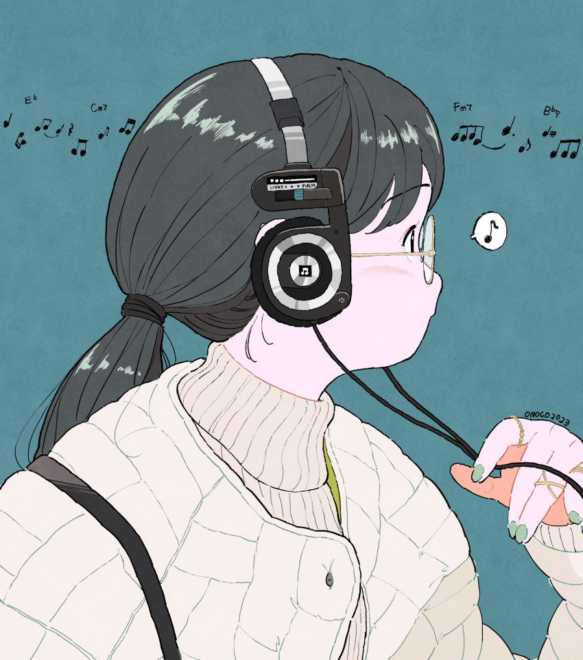 1girl artist_name beamed_eighth_notes black_eyes black_hair blue_background blue_nails cable closed_mouth commentary dotted_quarter_note fingernails from_side glasses green_jacket grey-framed_eyewear hair_tie headphones highres jacket jewelry listening_to_music long_hair looking_ahead multiple_rings musical_note nail_polish onoconokoko0625 open_clothes open_jacket original padded_jacket pale_skin paper_texture quarter_note retro_artstyle ribbed_sweater ring round_eyewear sharp_sign solo spoken_musical_note strap sweater turtleneck turtleneck_sweater two-sided_fabric two-sided_jacket upper_body white_jacket white_sweater