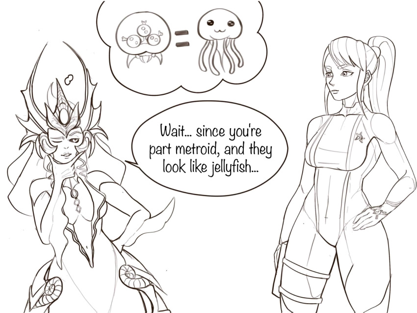 alien bodysuit bread-n-butter clothing cnidarian dialogue duo female female/female hair hi_res human humanoid jellyfish league_of_legends mammal marine medusozoan merfolk metroid metroid_(species) nami_(lol) nintendo ponytail riot_games samus_aran skinsuit speech_bubble split_form thought_bubble tight_clothing zero_suit