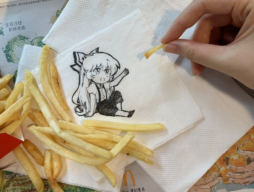 1girl arm_up bow collared_shirt commentary food french_fries fujiwara_no_mokou hair_bow highres holding jokanhiyou long_hair mcdonald's napkin no_nose open_mouth pants photo_(medium) puffy_short_sleeves puffy_sleeves shirt short_sleeves sketch solo suspenders symbol-only_commentary touhou traditional_media unconventional_media