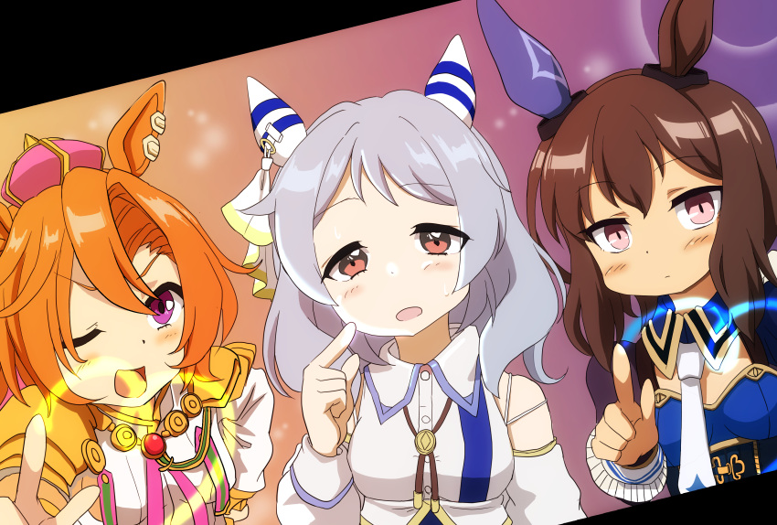 3girls absurdres admire_vega_(umamusume) animal_ears blush breasts brown_hair commentary_request detached_sleeves ear_covers greatestwashi hair_ornament heart highres hishi_miracle_(umamusume) horse_ears long_hair looking_at_viewer medium_breasts medium_hair multiple_girls necktie one_eye_closed open_mouth orange_hair ponytail purple_eyes short_hair simple_background t.m._opera_o_(umamusume) umamusume uniform