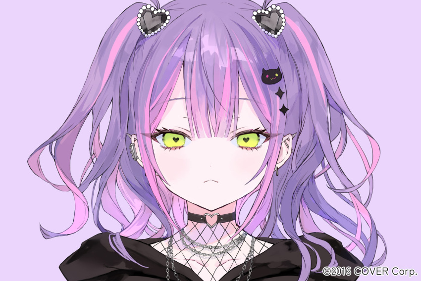 1girl closed_mouth collarbone ear_piercing fishnet_top fishnets green_eyes hair_between_eyes hair_ornament heart heart-shaped_pupils heart_hair_ornament heart_o-ring hololive hood hood_down multicolored_hair official_art onineko piercing pink_hair pointy_ears portrait purple_background purple_hair simple_background solo streaked_hair symbol-shaped_pupils tokoyami_towa two_side_up virtual_youtuber